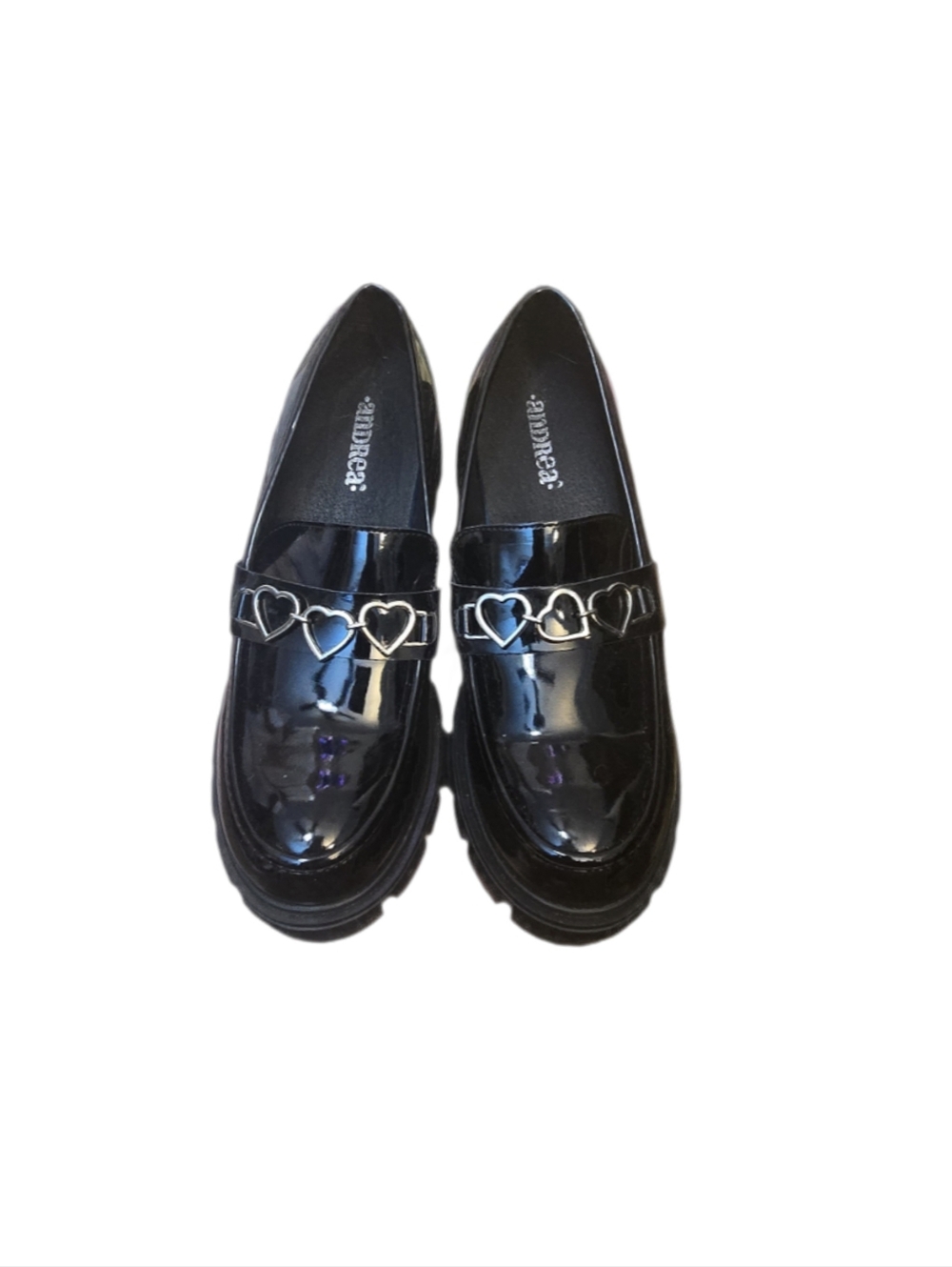 ANDREA Black Patent Heart-Trim platform Loafers for Women Sz 9